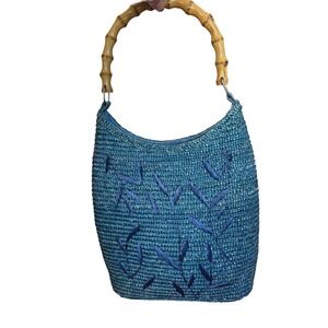 Ssamzie Teal Blue Woven Straw Bamboo Handle Shoulder Bag Floral Embroidered Hobo